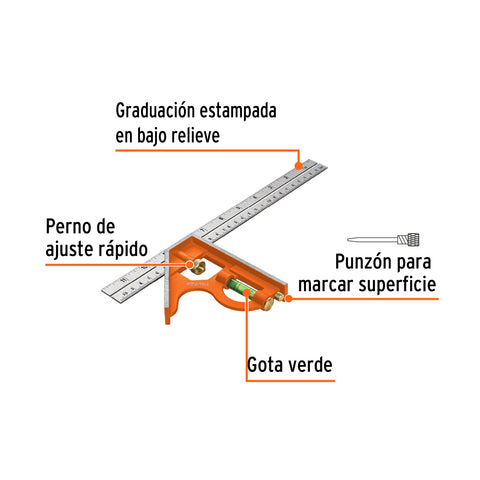 Escuadra 12' de combinación con punzón para marcar, Truper | ECT-12 | 14380