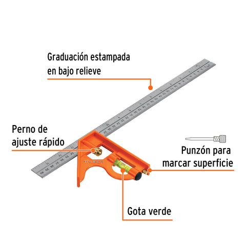 Escuadra 16' de combinación con punzón para marcar, Truper | ECT-16 | 14381