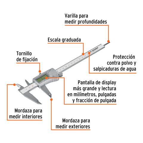 Calibrador vernier digital 6', acero inox, std y mm, TRUPER | CALDI-6MP | 14388