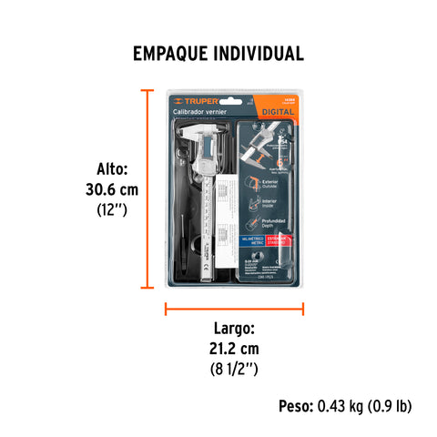 Calibrador vernier digital 6', acero inox, std y mm, TRUPER | CALDI-6MP | 14388