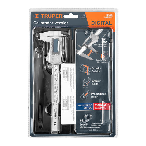 Calibrador vernier digital 6', acero inox, std y mm, TRUPER | CALDI-6MP | 14388