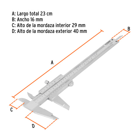 Calibrador vernier analógico 6', acero inox, std y mm,TRUPER | CAL-6MP | 14394