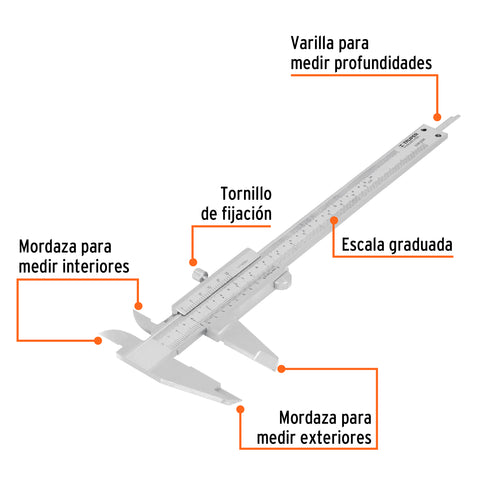Calibrador vernier analógico 6', acero inox, std y mm,TRUPER | CAL-6MP | 14394