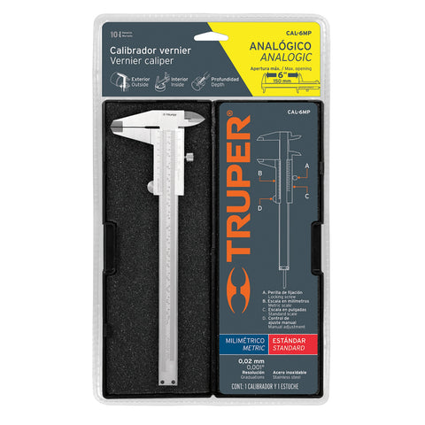 Calibrador vernier analógico 6', acero inox, std y mm,TRUPER | CAL-6MP | 14394