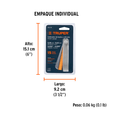 Calibrador de 15 hojas std / mm, Truper | CAL-15 | 14395