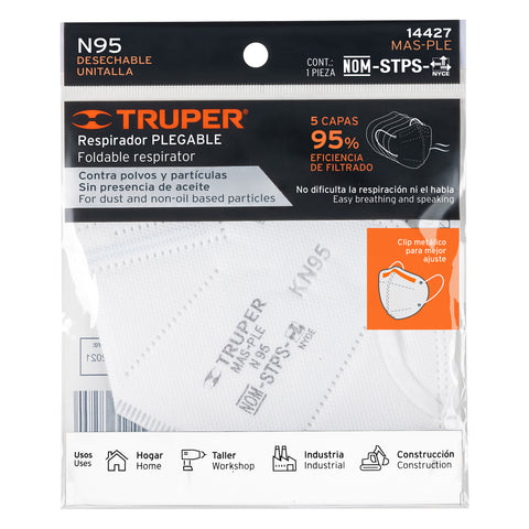 Respirador plegable N95, para polvos y partículas, Truper | MAS-PLE | 14427