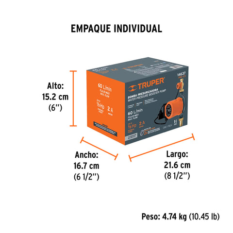 Bomba presurizadora 1/3 HP, con sensor regulable, TRUPER | PRE-1/3 | 14637