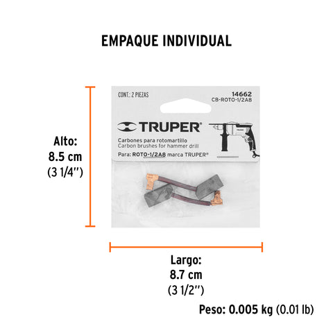 Bolsa con 2 carbones de repuesto para ROTO-1/2A8, TRUPER | CB-ROTO-1/2A8 | 14662