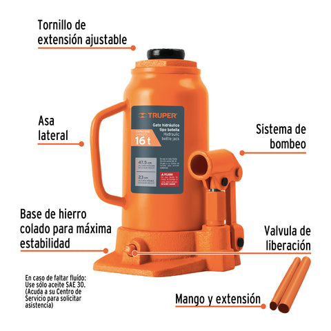 Gato hidráulico de botella de 16 Ton, Truper | GAT-16 | 14820
