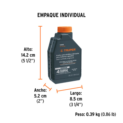 Aceite semi-sintético, 4 tiempos, 400 ml (14 oz), Truper | ACES-4T-14 | 14928