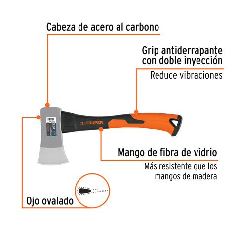 Hacha cazadora 1-1/4 lb, mango fibra de vidrio 14', Truper | HC-1-1/4F | 14951