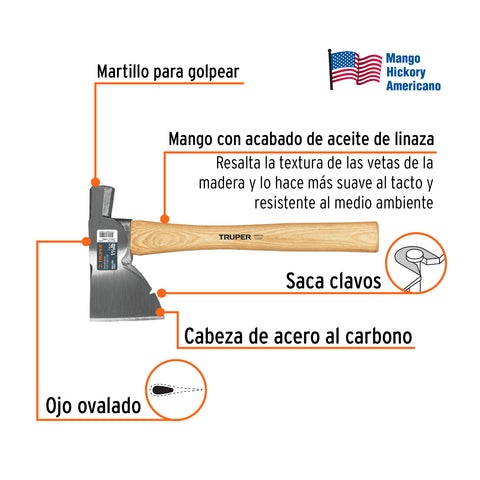 Hacha Doméstica 1-1/2 lb, mango hickory 14', Truper | HH-1-1/2 | 14952