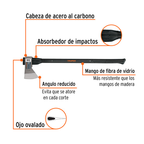 Hacha media labor 3 lb, mango de fibra de vidrio 36', TRUPER | ML-3M | 14968