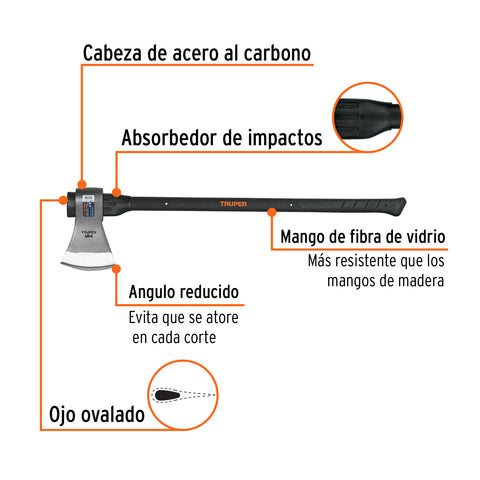 Hacha labor entera 4 lb, mango de fibra de vidrio 36',TRUPER | LE-4M | 14982