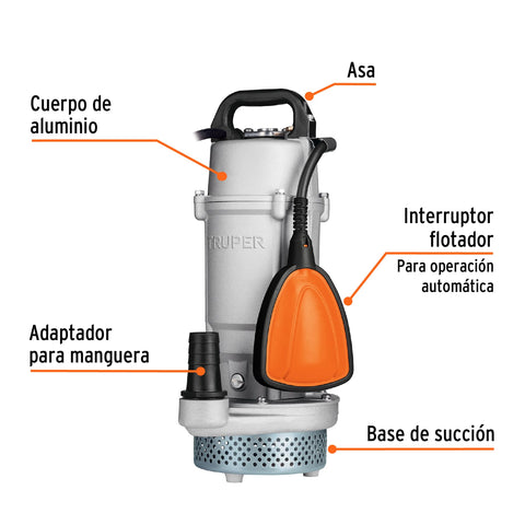 Bomba sumergible cubierta aluminio,agua limpia,1/2HP, TRUPER | BOS-1/2LPX | 15001