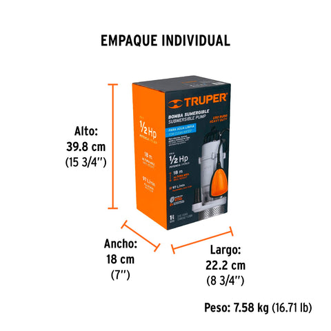 Bomba sumergible cubierta aluminio,agua limpia,1/2HP, TRUPER | BOS-1/2LPX | 15001