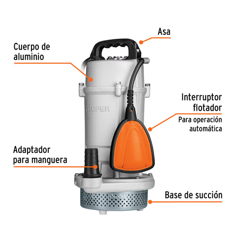 Bomba sumergible cubierta aluminio,agua limpia, 1 HP, TRUPER | BOS-1LPX | 15003