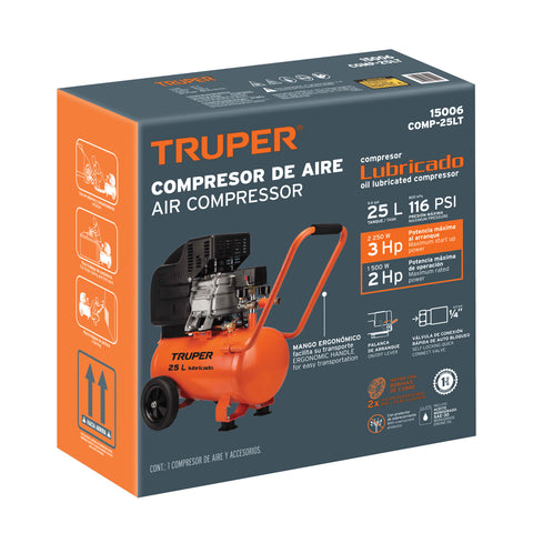 Compresor lubricado, 25L, 3HP, horizontal, 127V, TRUPER | COMP-25LT | 15006