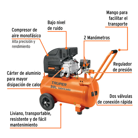 Compresor lubricado, 50L, 3-1/2HP, horizontal, 127V, TRUPER | COMP-50LT | 15007