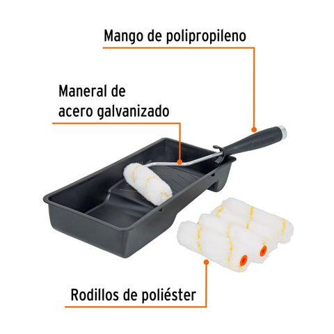 Kit de rodillo para pintar, 4' (maneral, charola y 5 felpas) | KIT-ROPI-420N | 15023