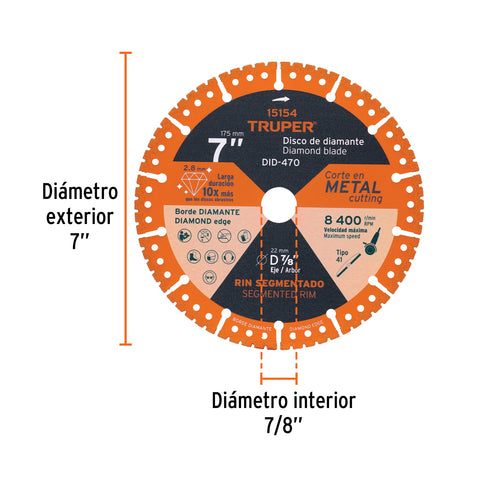Disco de diamante de 7' x 2.8 mm, corte de metal, TRUPER | DID-470 | 15154