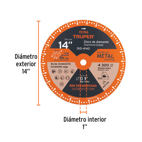Disco de diamante de 14' x 4 mm, corte de metal, TRUPER | DID-4140 | 15156