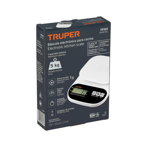 Báscula digital para cocina, plato de vidrio, 5 kg, Truper | BASE-5EC | 15160