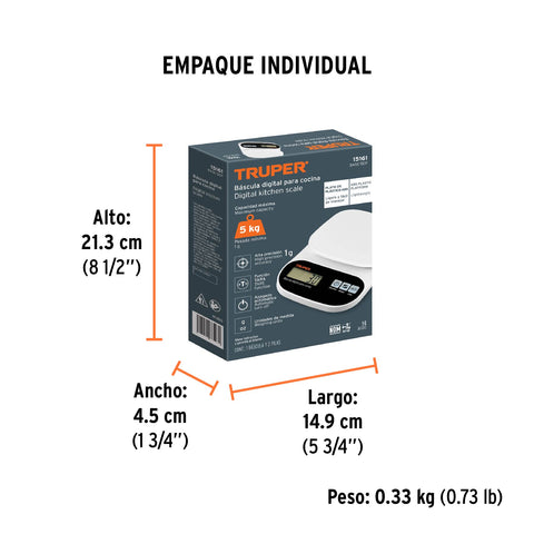 Báscula digital para cocina, plato de ABS, 5 kg, Truper | BASE-5EP | 15161