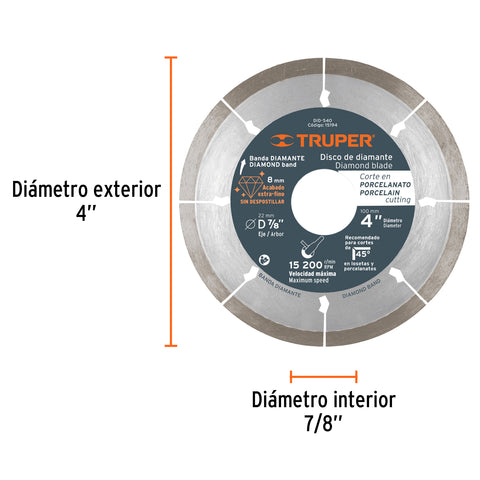 Disco de diamante de 4' x 1.3 mm, corte de porcelanato | DID-540 | 15194