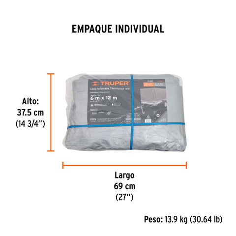 Lona de polietileno reforzada 6x12 m, gris, 180g/m2, TRUPER | LT-612 | 15367