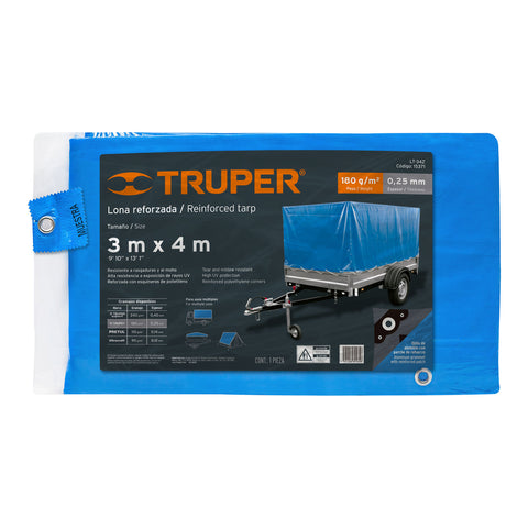Lona de polietileno reforzada 3 x 4 m, azul, 180g/m2, TRUPER | LT-34Z | 15371