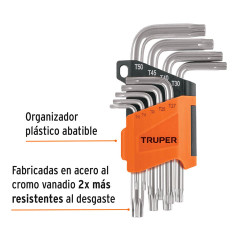 Juego de 9 llaves torx con organizador abatible, TRUPER | TORX-9 | 15554