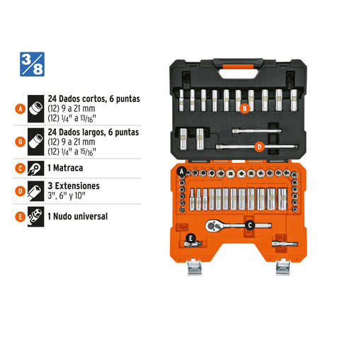 Juego de 53 herramientas cuadro 3/8' mm para mecánico | JD-3/8X53M | 15689