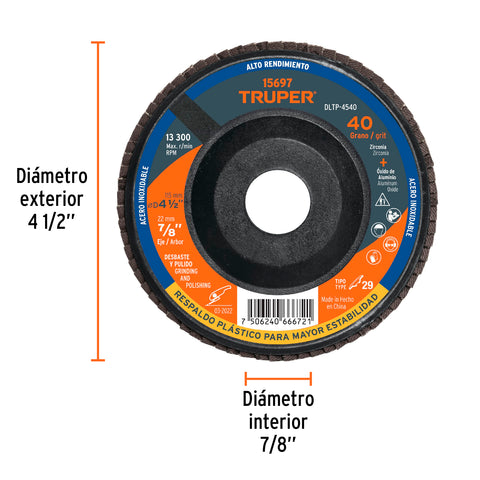 Disco laminado 4-1/2' grano 40 centro 7/8', plástico, TRUPER | DLTP-4540 | 15697