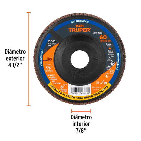 Disco laminado 4-1/2' grano 60 centro 7/8', plástico, TRUPER | DLTP-4560 | 15701