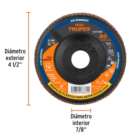 Disco laminado 4-1/2' grano 80 centro 7/8', plástico, TRUPER | DLTP-4580 | 15703