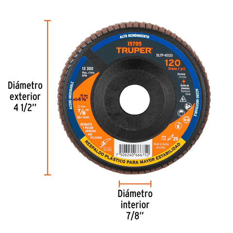 Disco laminado 4-1/2' grano 120 centro 7/8', plástico,TRUPER | DLTP-45120 | 15705