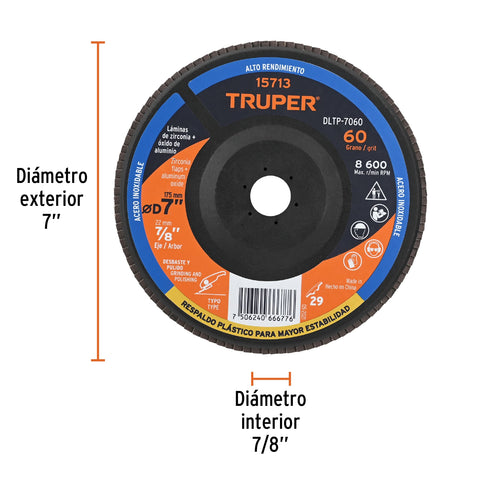 Disco laminado 7' grano 60 centro 7/8', plástico, TRUPER | DLTP-7060 | 15713