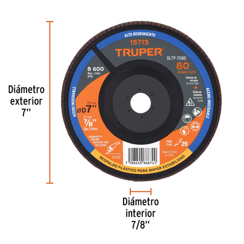 Disco laminado 7' grano 80 centro 7/8', plástico, TRUPER | DLTP-7080 | 15715