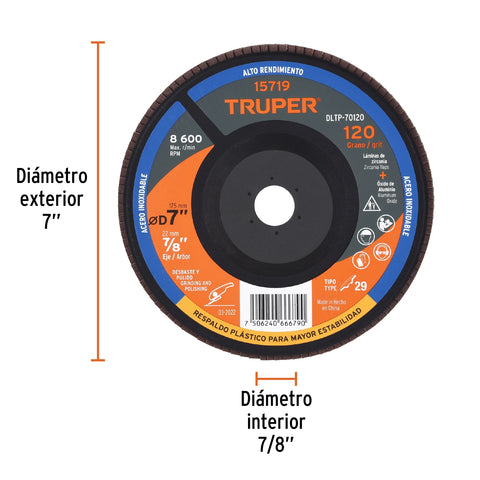 Disco laminado 7' grano 120 centro 7/8', plástico, TRUPER | DLTP-70120 | 15719