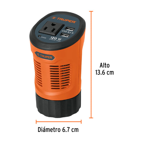 Inversor de corriente 120 W tipo vaso, 2 puertos USB, Truper | INCO-12 | 15725