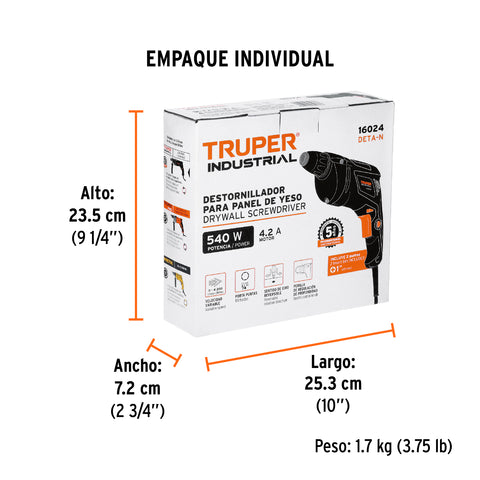 Destornillador para panel de yeso 540W, TRUPER INDUSTRIAL | DETA-N | 16024