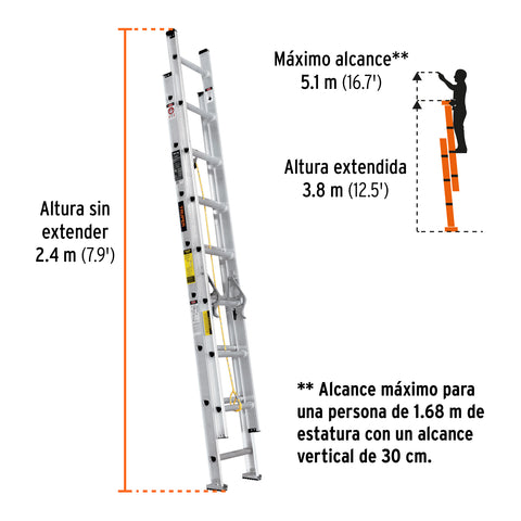 Escalera de extensión, tipo III, 16 peldaños, Truper | ESE-16 | 16026