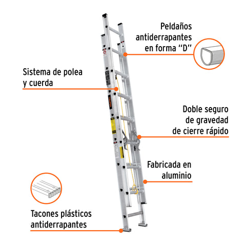 Escalera de extensión, tipo III, 16 peldaños, Truper | ESE-16 | 16026
