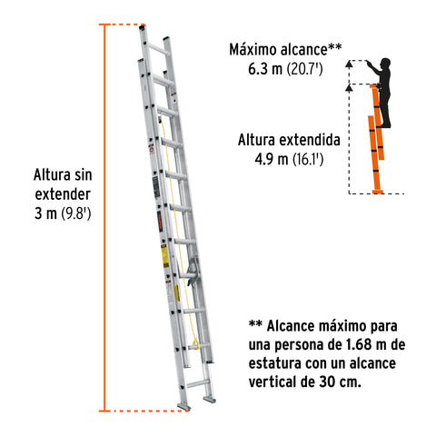 Escalera de extensión, tipo III, 20 peldaños, Truper | ESE-20 | 16027