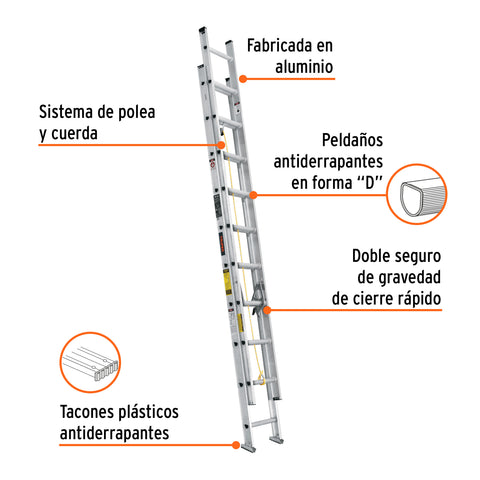 Escalera de extensión, tipo III, 20 peldaños, Truper | ESE-20 | 16027