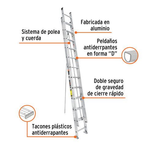 Escalera de extensión, tipo III, 24 peldaños, Truper | ESE-24 | 16028