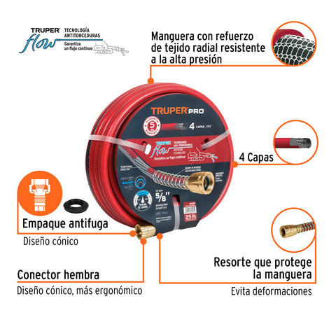Manguera 5/8' super reforzada 4 capas 25 m conexiones metal | MAN-25X5/8X | 16039