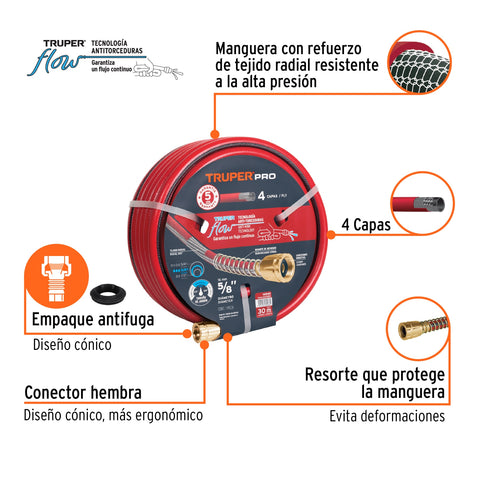 Manguera 5/8' super reforzada 4 capas 30 m conexiones metal | MAN-30X5/8X | 16040