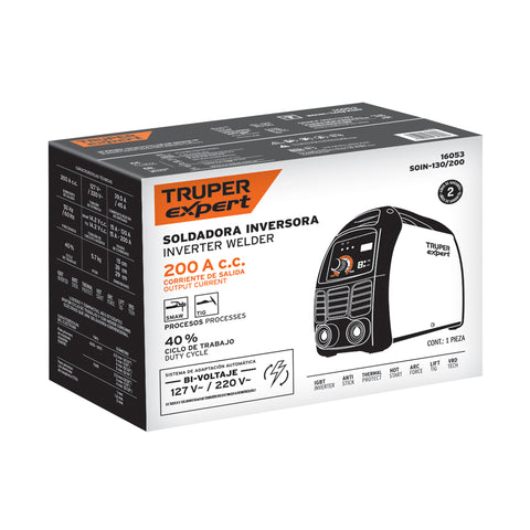 Soldadora inversora 200A, Bi-voltaje 127/220V, TRUPER | SOIN-130/200 | 16053